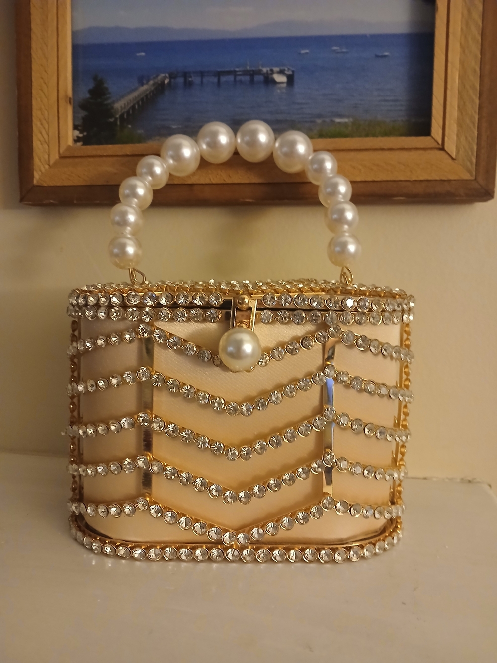 House of Harlow 1960 Gold Pearl-Handle Crystal Chevron Box Clutch
